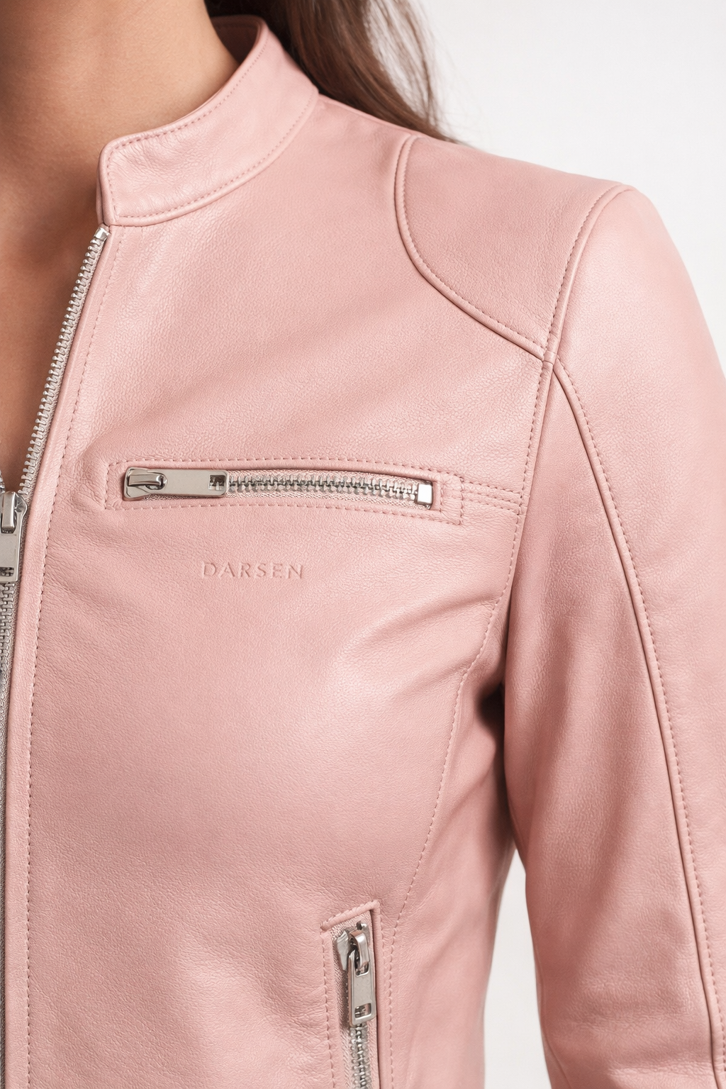 Stand Collar Blush Pink Lambskin Leather Jacket