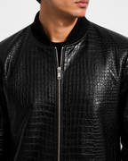 Croc-Embossed Black Leather Bomber Jacket