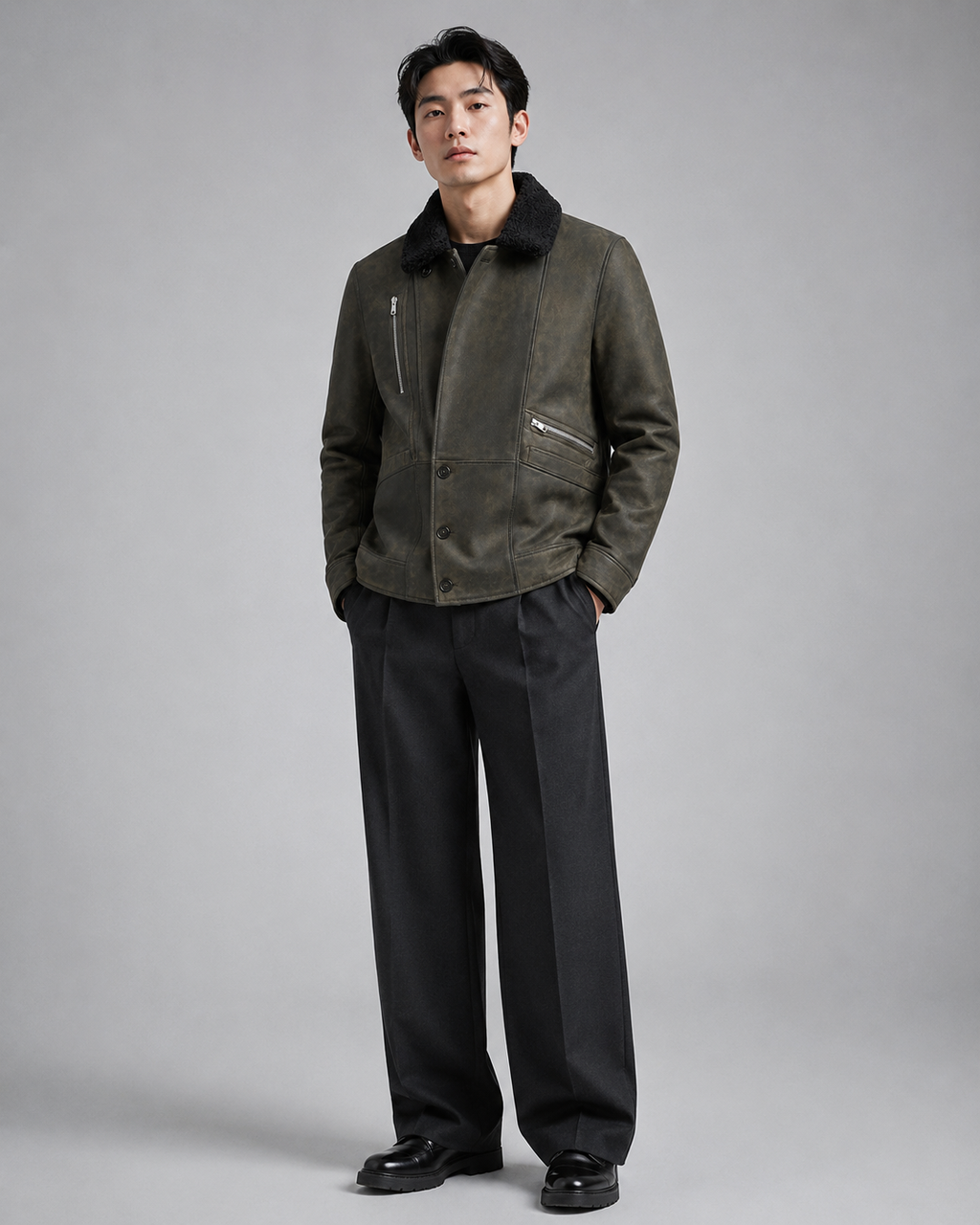 Distressed Shearling Lambskin Leather Jacket