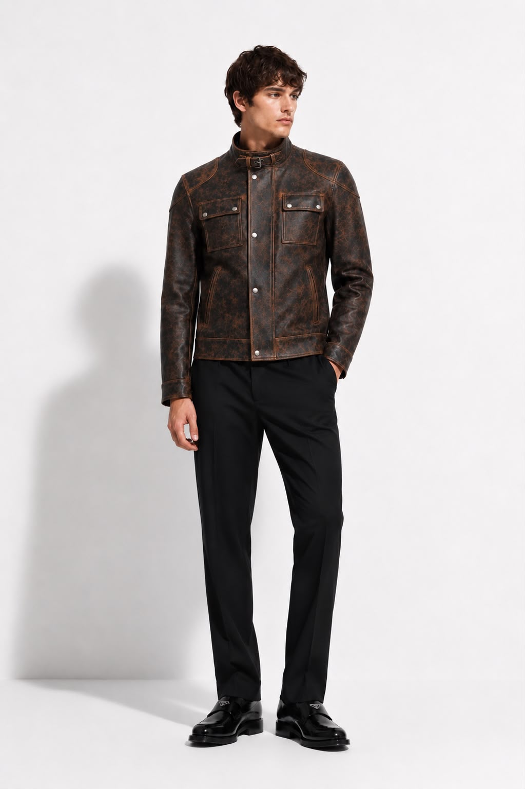 Vintage Waxed Lambskin Leather Biker Jacket