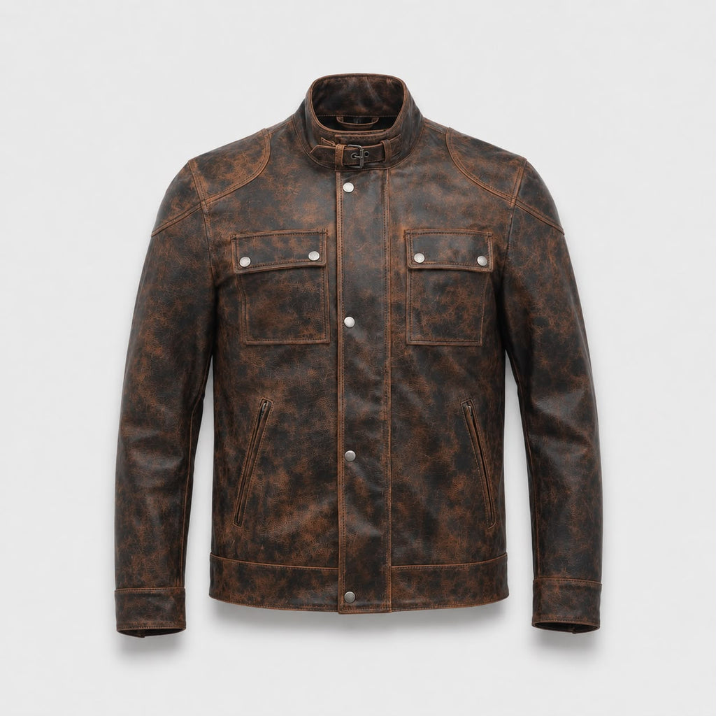 Vintage Waxed Lambskin Leather Biker Jacket