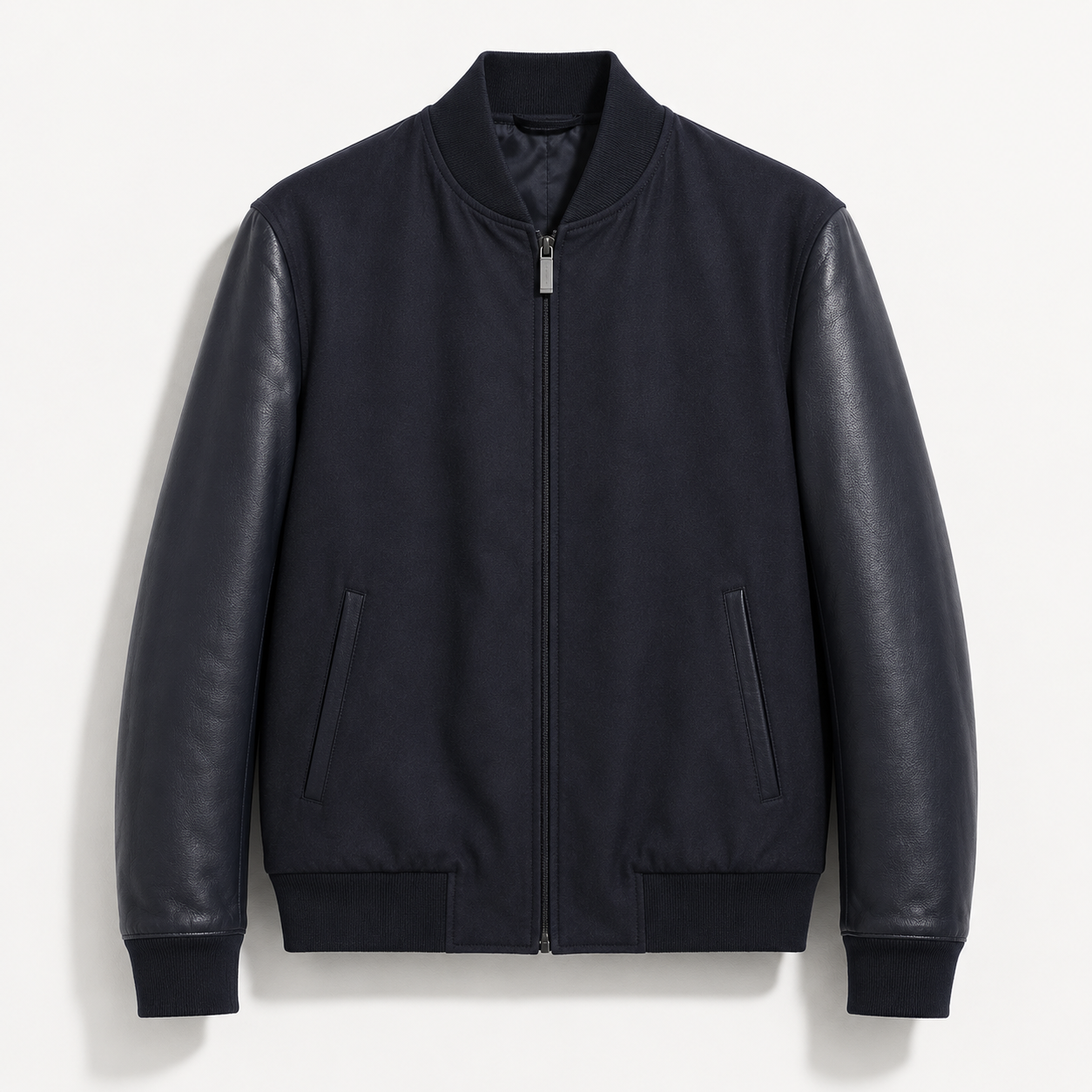 Fabric bomber jacket with nappa sleeves