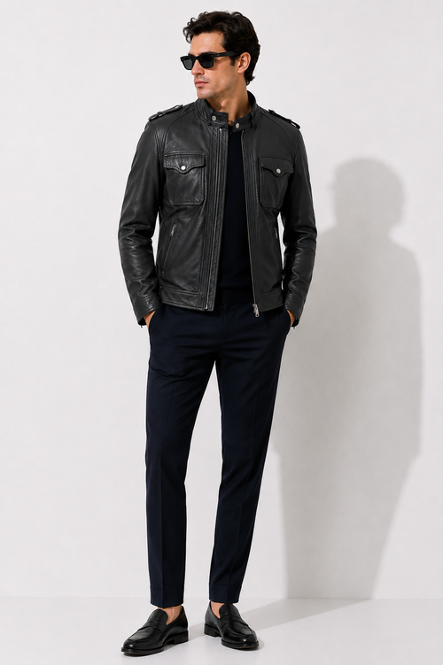 Black Lambskin Leather Biker Jacket