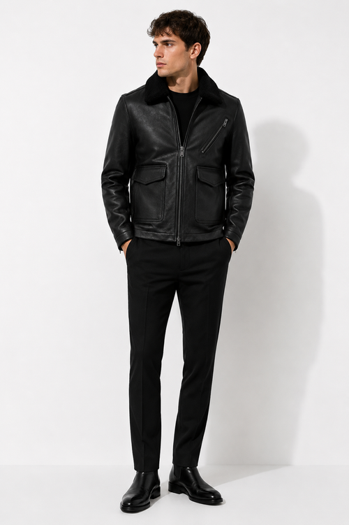 Black Shearling Lambskin Leather Biker Jacket