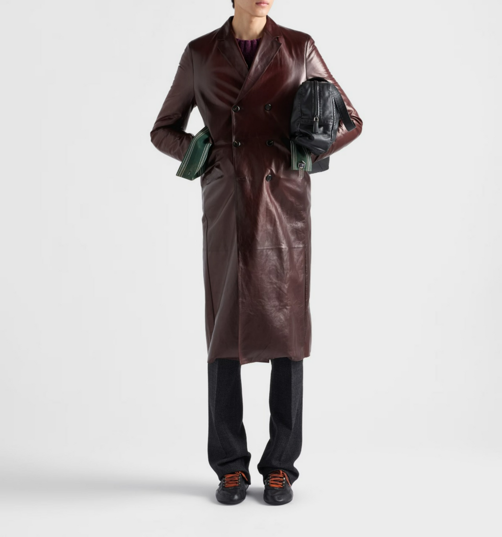 Double-breasted leather coat