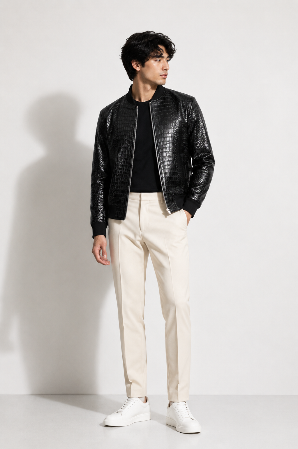 Croc-Embossed Black Leather Bomber Jacket