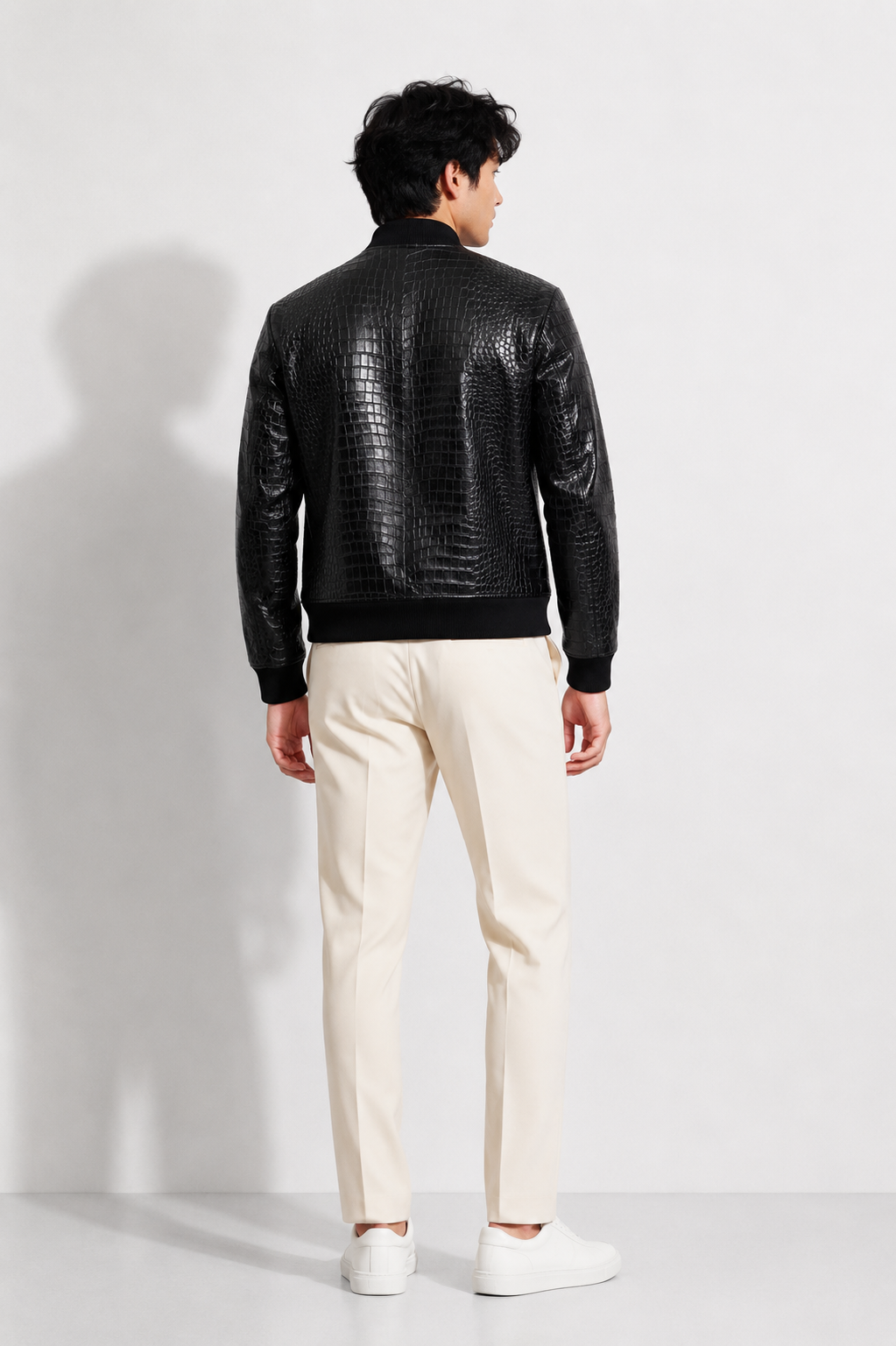 Croc-Embossed Black Leather Bomber Jacket