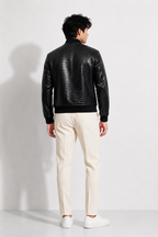 Croc-Embossed Black Leather Bomber Jacket