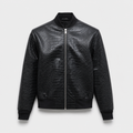 Croc-Embossed Black Leather Bomber Jacket