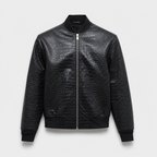 Croc-Embossed Black Leather Bomber Jacket