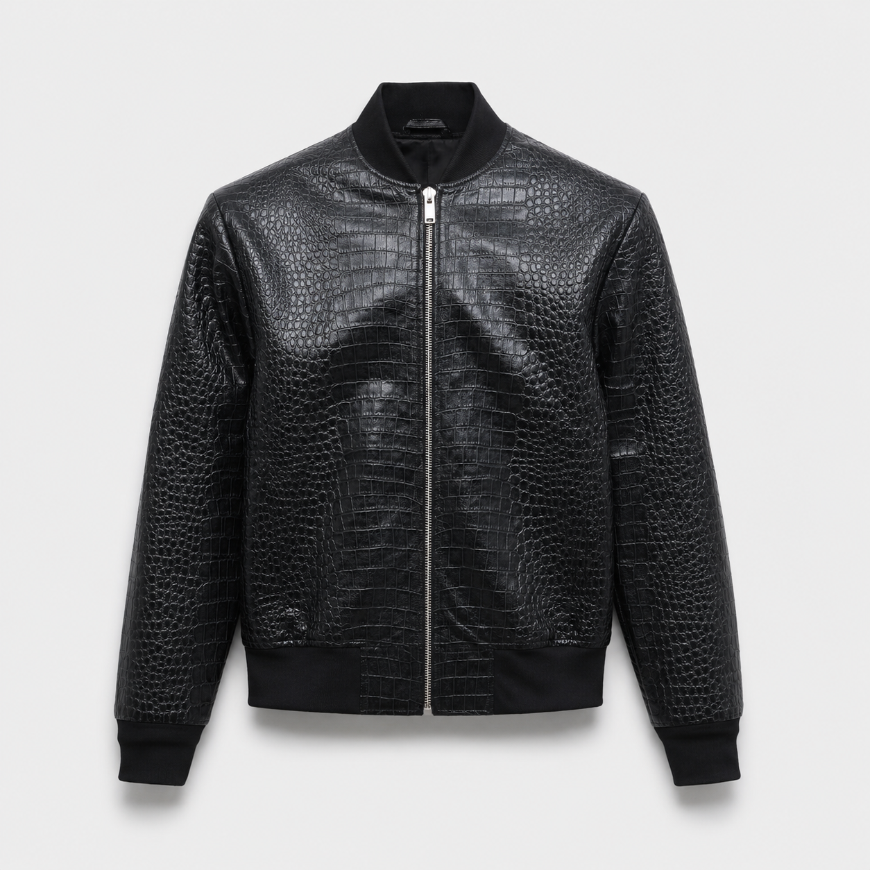 Croc-Embossed Black Leather Bomber Jacket