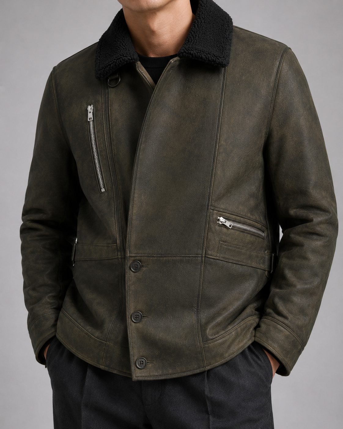Distressed Shearling Lambskin Leather Jacket