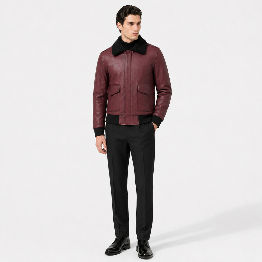 Burgundy Shearling lambskin Leather Bomber Jacket