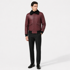 Burgundy Shearling lambskin Leather Bomber Jacket