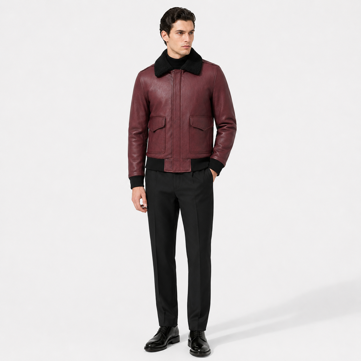 Burgundy Shearling lambskin Leather Bomber Jacket