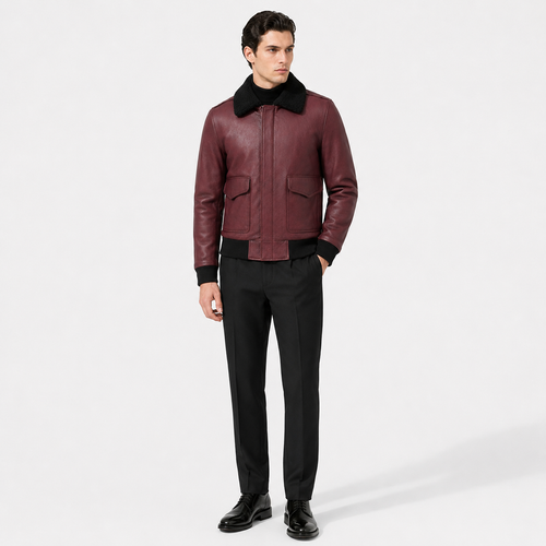 Burgundy Shearling lambskin Leather Bomber Jacket