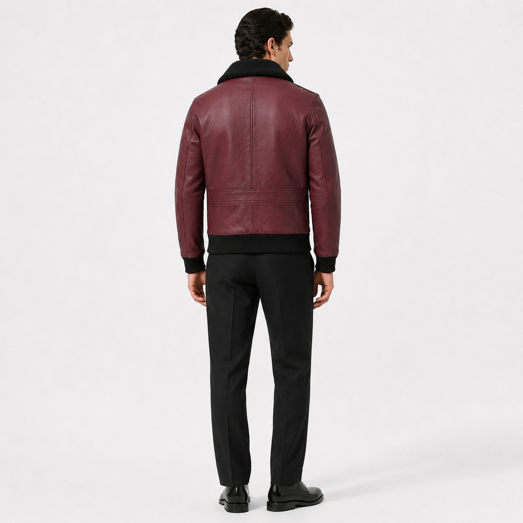 Burgundy Shearling lambskin Leather Bomber Jacket