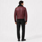 Burgundy Shearling lambskin Leather Bomber Jacket