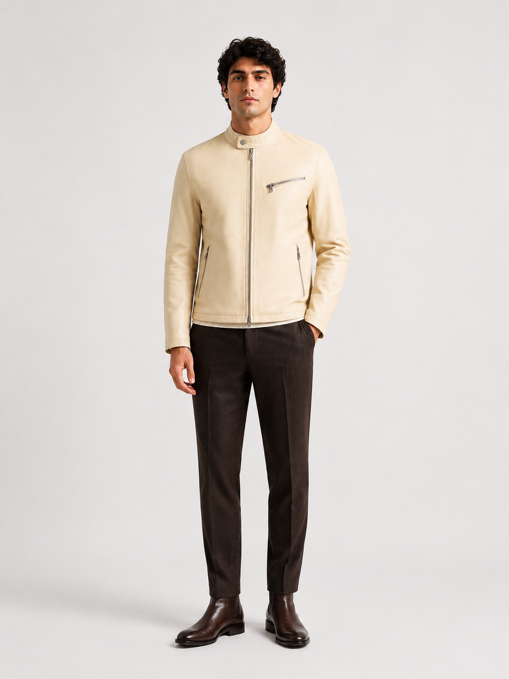Ivory Lambskin Leather Bomber Jacket
