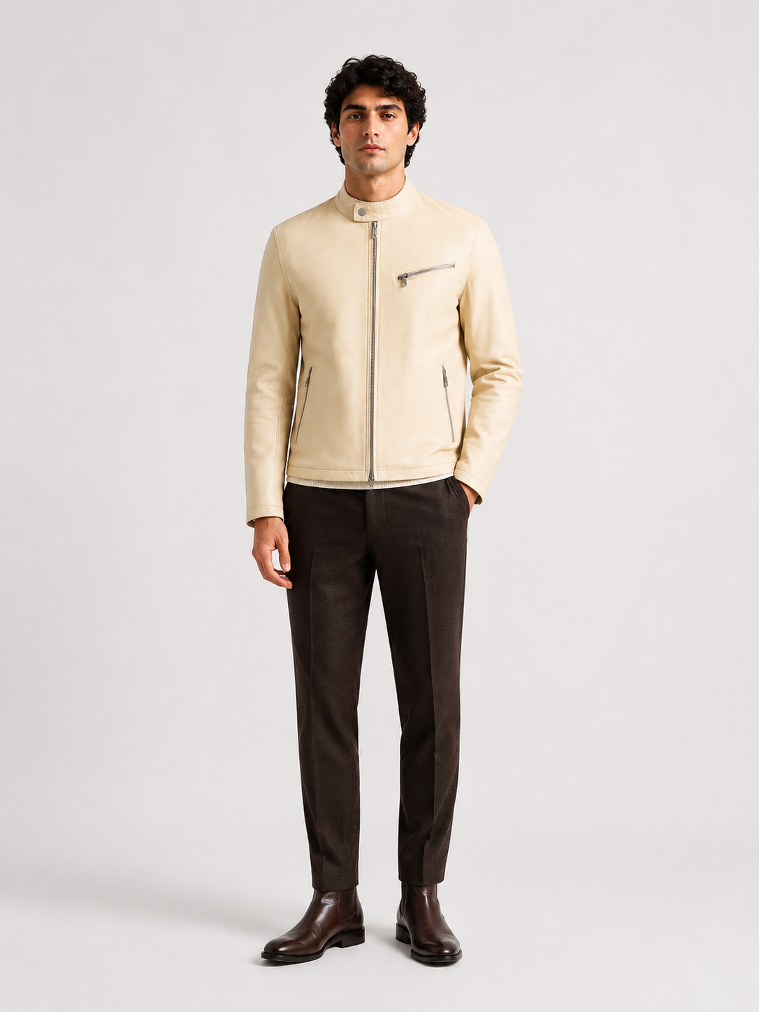 Ivory Lambskin Leather Bomber Jacket