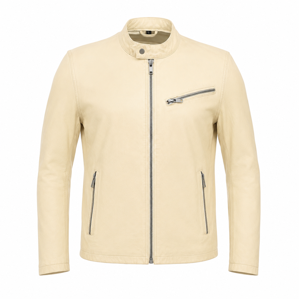 Ivory Lambskin Leather Bomber Jacket