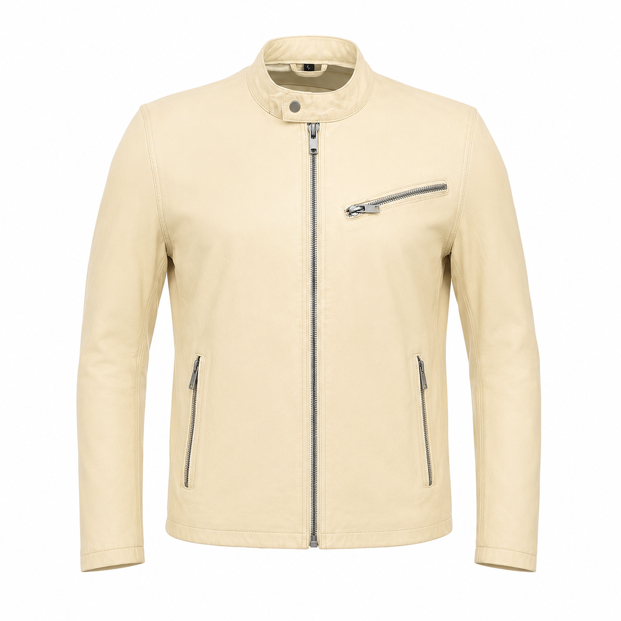 Ivory Lambskin Leather Bomber Jacket