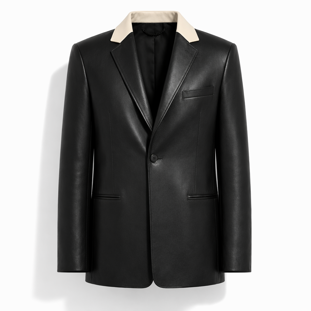 Tailored Leather Blazer With Contrasting Collar