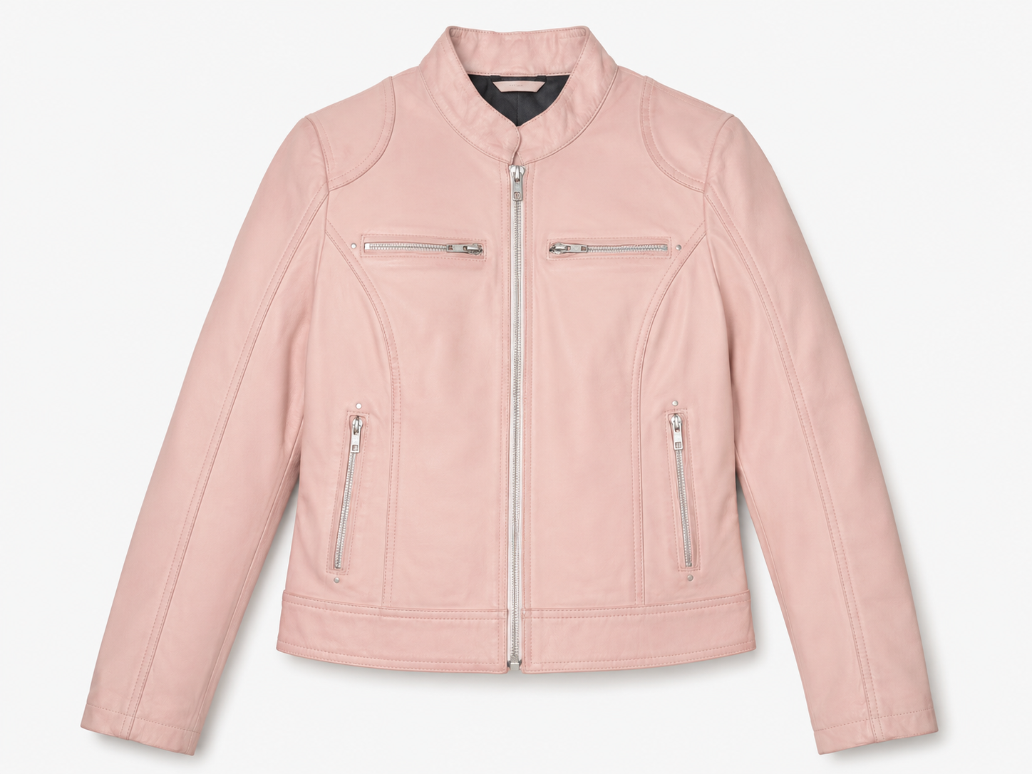 Stand Collar Blush Pink Lambskin Leather Jacket