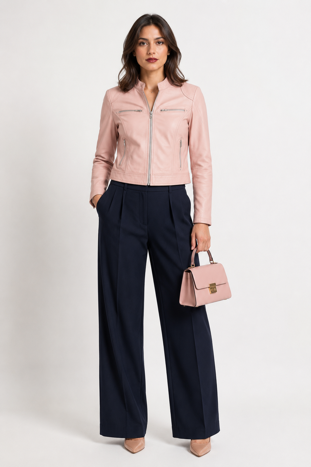 Stand Collar Blush Pink Lambskin Leather Jacket