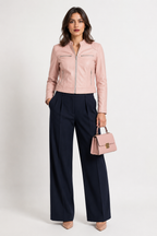 Stand Collar Blush Pink Lambskin Leather Jacket