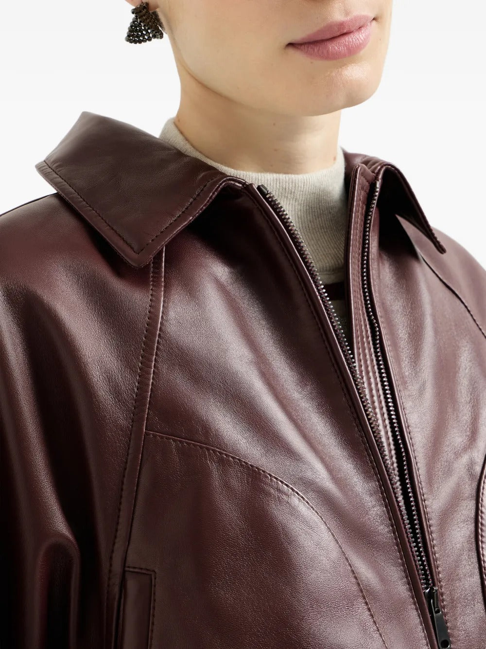 Loose fit leather jacket with drawstring and Monili