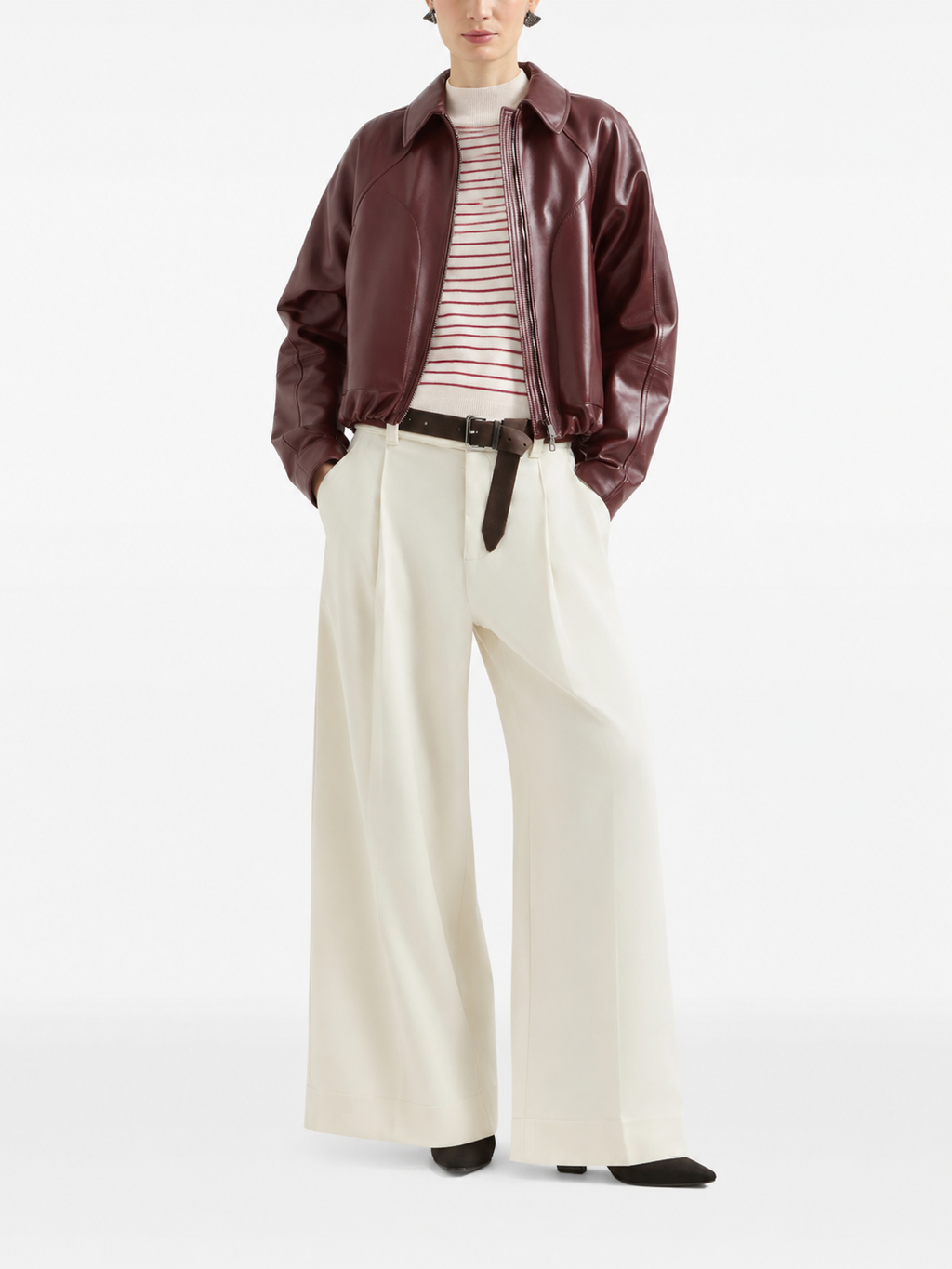 Loose fit leather jacket with drawstring and Monili