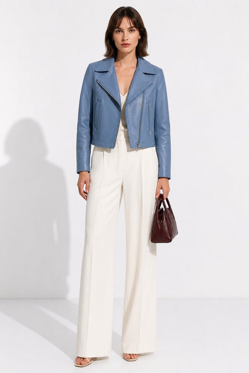 Aster Cropped Lambskin Leather Biker Jacket